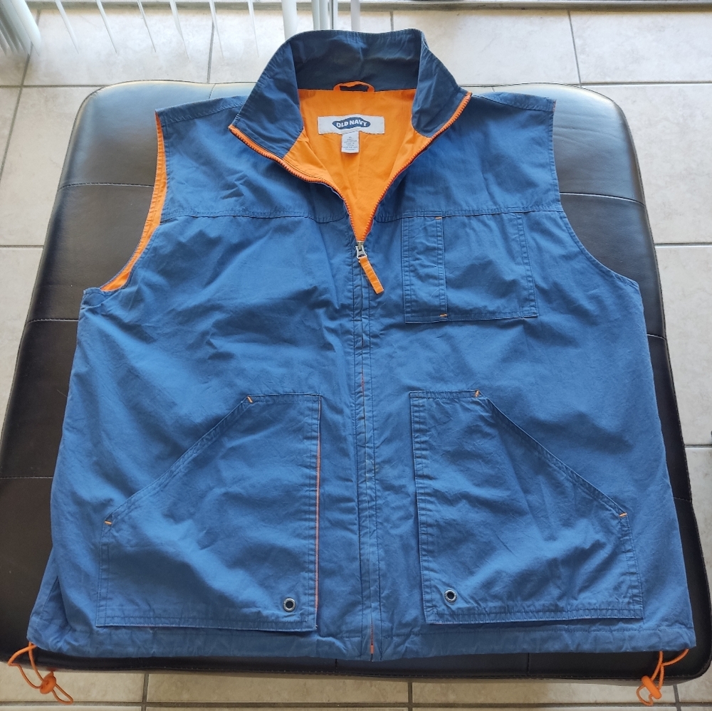 Vintage Old Navy Blue and Orange Men's Utility Vest Size XL